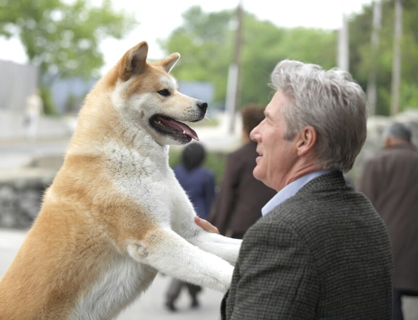 Hachi greets the Professor at train station